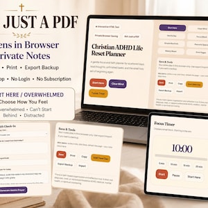 May include: A laptop and tablet display a Christian ADHD Life Reset Planner interface. The screen shows options like "Start Here" and "Clear Mind." The text "Not Just a PDF" and "Opens in Browser" are also visible.