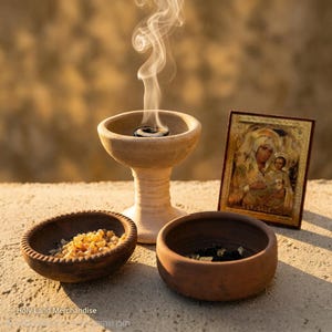 Puede incluir: Un quemador de incienso de cerámica beige con humo ascendente, acompañado de dos cuencos marrones pequeños y un icono religioso enmarcado. Los cuencos contienen incienso y carbón. El icono representa una figura religiosa.
