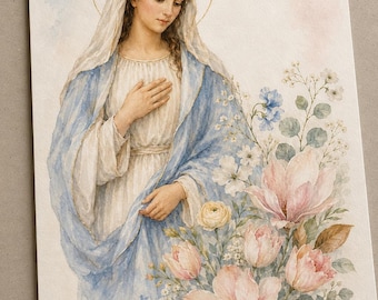 Virgin Mary Botanical Watercolor Print: Catholic Wall Art, Blessed Mother Digital Download