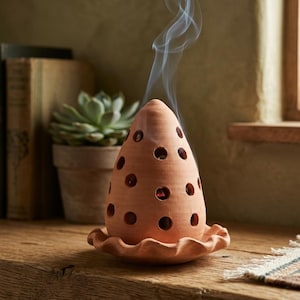 Puede incluir: Un quemador de incienso de terracota con forma cónica y numerosas aberturas circulares. El quemador se asienta sobre una base festoneada, con volutas de humo que se elevan desde la parte superior. El fondo incluye una superficie de madera, una planta en maceta y libros.