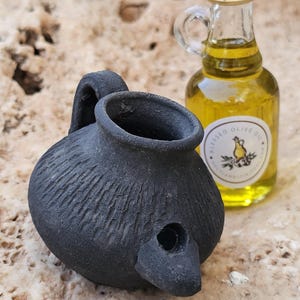 Biblical Clay Oil Lamp + Olive Oil Bottle – Handmade Holy Land Set – Ancient-Style