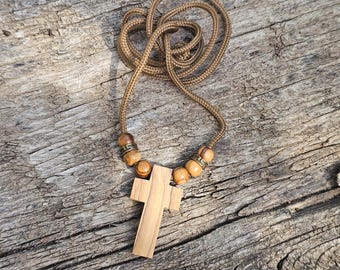 Olive Wood 3.5 cm Cross Pendant: Handmade Holy Land Necklace, Brass Beads