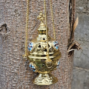Beautiful 12cm long Orthodox style thurible with hand painted glazed cross and small bells