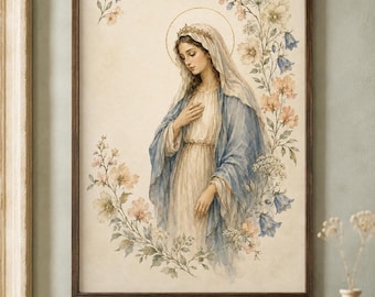 Virgin Mary Watercolor Printable, Botanical Marian Wall Art, Soft Blue Catholic Digital Download