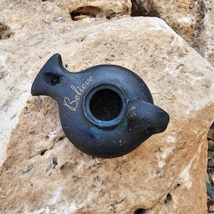 Biblical Oil Lamp Replica with “Believe” Inscription | Ancient-Style Clay Lamp
