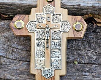 Handmade Olive wood Glden crucifix 14 stations of the way of the cross You can add personal engraving