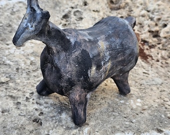 Neolithic zoomorphic clay animal | Ancient animal ritual figurine replica | prehistoric goat motif pottery