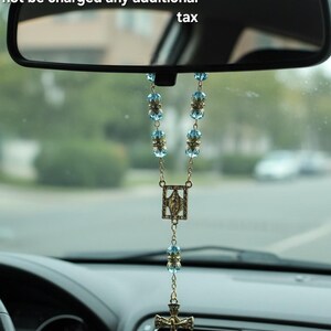 Blue Glass Rosary 8mm Beads • Car Mirror Hanging Cross Charm • Christian Accessories & New Car Gift