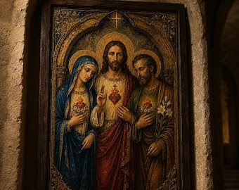 Three Sacred Hearts Holy Family Icon, Jesus Mary Joseph Catholic Wall Art, Byzantine Printable Digital Download