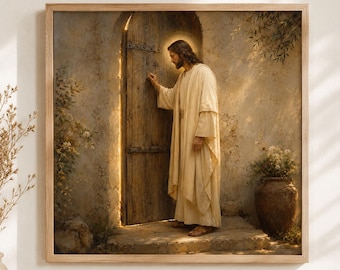 Jesus Knocking at the Door Print, Revelation 3:20 Wall Art, Christian Farmhouse Decor, Jesus Oil Painting Printable, Entryway Prayer Room