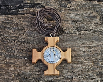 Olive Wood Cross with St. Benedict Medal – Exorcism Jewelry, Vade Retro Satana Pendant, Spiritual Protection Amulet Necklace