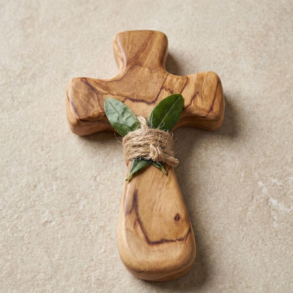 Bethlehem Handmade Olive Wood Cross with Nazareth Leaves | Personalized Comfort Cross