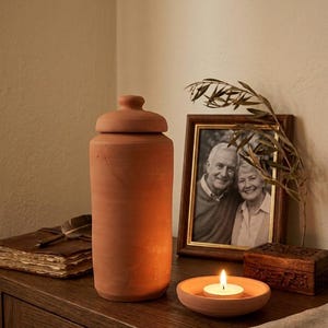 Op de afbeelding: Een terracotta pot met een deksel staat op een houten oppervlak, naast een brandende kaars in een klein schaaltje. Een ingelijste foto en een decoratieve houten doos zijn ook aanwezig. De afbeelding heeft warme tinten en zachte verlichting. De tekst "Holy Land Merchandise" staat onderaan.