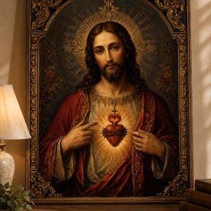 May include: A framed oil painting depicting a figure with long brown hair and a beard, wearing a red robe over a white tunic. The figure points to a glowing, thorn-crowned heart on the chest, set against a dark background with a golden halo.