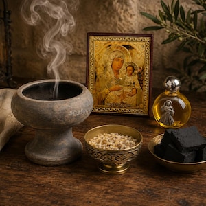 Pode incluir: Um queimador de incenso de cerâmica cinzenta a emitir fumo, uma pequena taça de latão com incenso de resina, uma taça de latão com cubos de carvão preto, um frasco redondo de óleo com um ícone metálico e um ícone religioso emoldurado.