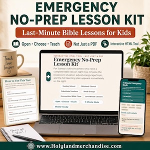 May include: A laptop, smartphone, and notepad display the "Emergency No-Prep Lesson Kit" for Bible lessons. The laptop screen shows lesson options, while the phone displays a 5-minute mode. A mug with "Teach Love Inspire" sits beside the laptop.