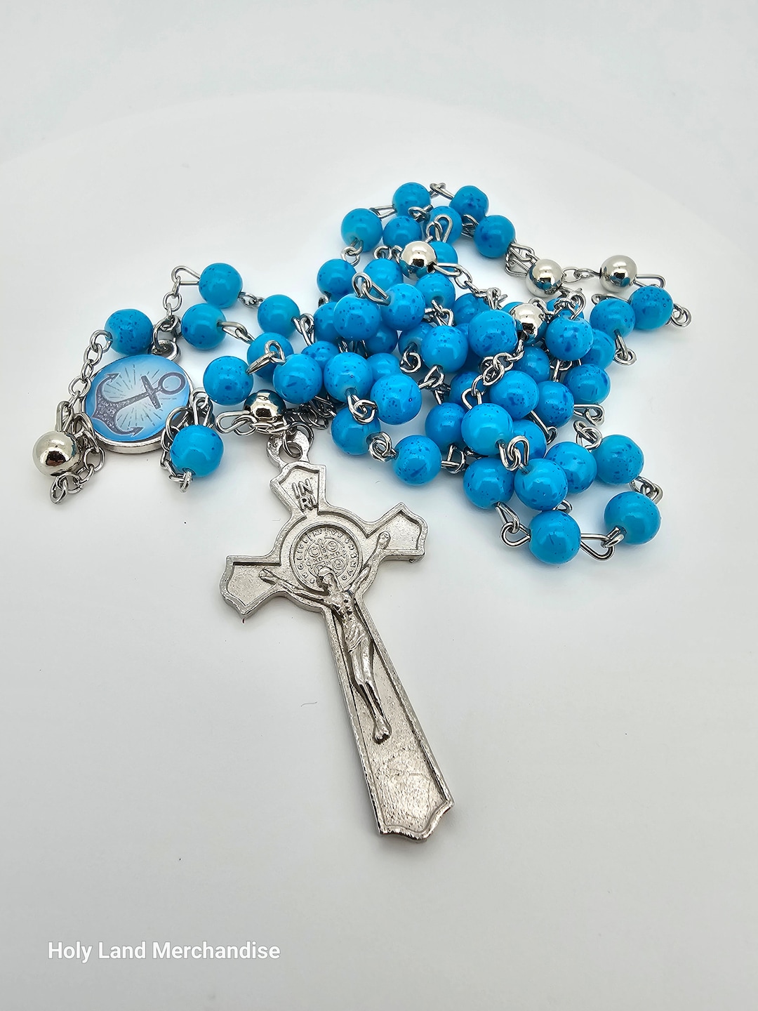 Italian Rosary Aqua Blue Glass with Rose