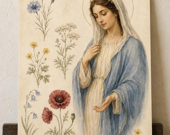 Virgin Mary Botanical Watercolor Print, Blessed Mother Floral Catholic Wall Art, Digital Download