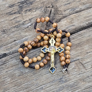 Hand made rosary Gold Metal Cross Olive wood beads from Jerusalem