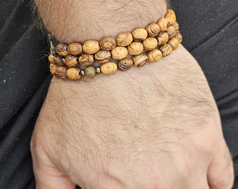 Rosary bracelet Handmade Olive Wood – Triple Wrap Rosary-Style Design with Brass Cross | Bethlehem Olive-Wood Beads