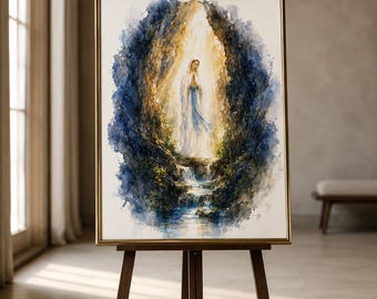 Our Lady of Lourdes Watercolor Print, Catholic Wall Art, Virgin Mary Grotto Digital Download