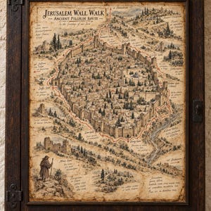 May include: A framed map titled Jerusalem Wall Walk Ancient Pilgrim Route, featuring a detailed illustration of the walled city, historical landmarks, Latin text, and a lone pilgrim figure, all presented on aged, parchment-style paper with dark wood.