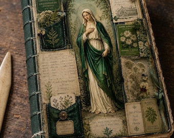 Virgin Mary Junk Journal Printable: Victorian Greenhouse Botanical Collage, Catholic Prayer Journal Art
