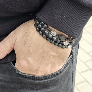 Rosario para hombre estirado de 6 mm con cuentas de madera negra Fácil de usar como collar o pulsera