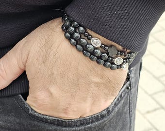 男性用ロザリオ、6mmの黒い木製ビーズを使用。ネックレスやブレスレットとして簡単に着用できます。