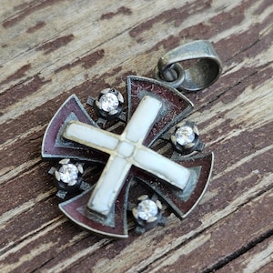 Vintage Jerusalem Cross Pendant: Handmade Sterling Silver Gemstone Inlay
