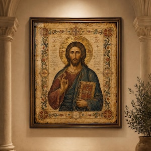 May include: A rectangular framed religious icon painting featuring a central figure with a golden halo, wearing a red and blue robe, holding a book. The border displays intricate floral patterns and crosses with the text IC and XC inscribed.
