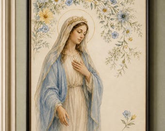 Virgin Mary Watercolor Printable, Botanical Catholic Wall Art, Blessed Mother Floral Print, Digital Download