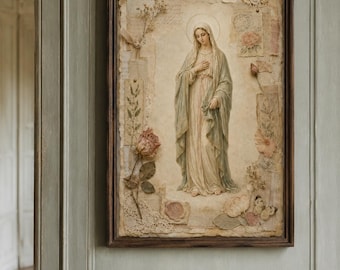 Virgin Mary Botanical Collage Printable, Vintage Catholic Marian Wall Art, Antique Devotional Digital Download