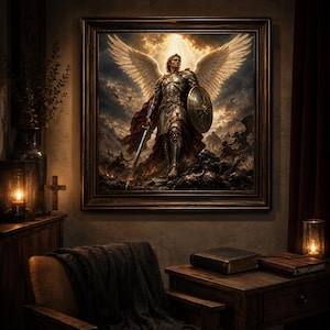 May include: A framed wall art print depicting a winged warrior in ornate silver armor, holding a sword and a circular shield. The figure stands amidst a dark, chaotic battlefield under a glowing sky, with large white wings spread wide behind them.