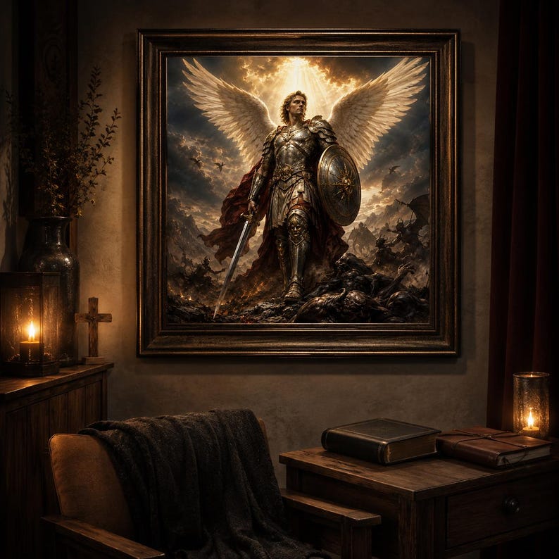 May include: A framed wall art print depicting a winged warrior in ornate silver armor, holding a sword and a circular shield. The figure stands amidst a dark, chaotic battlefield under a glowing sky, with large white wings spread wide behind them.