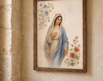Virgin Mary Botanical Watercolor Printable, French Blue Marian Catholic Wall Art, Digital Download