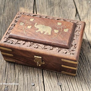 Vintage Rosewood Jewelry Box with Brass Elephant Inlay