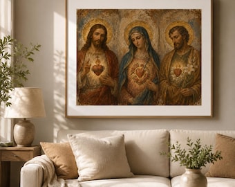 Sacred Hearts of the Holy Family Print, Jesus Mary Joseph Catholic Wall Art, Three Hearts JMJ Fresco Printable, Holy Family Digital Download