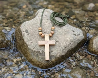 Olive Wood Cross Pendant: Handmade Holy Land Necklace, Brass Beads
