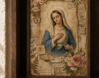 Virgin Mary Vintage Botanical Printable, Antique Catholic Devotional Wall Art, Marian Junk Journal Collage