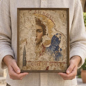 May include: A rectangular framed print featuring a weathered, fresco-style depiction of an angel with a gold halo. The artwork includes the text MICHAEL at the top and QUIS UT DEUS at the bottom, with a visible sword and blue wing detail.