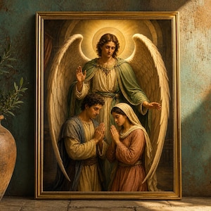 May include: A framed painting depicting a central winged angel with a glowing halo standing behind two figures with hands clasped in prayer. The angel wears a green cloak over a light tunic, while the two figures wear muted earth-toned garments.