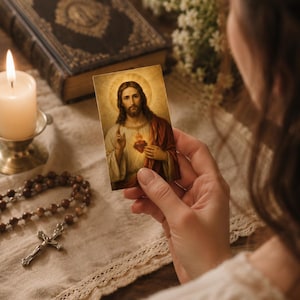 Sacred Heart of Jesus Mini Prayer Card Printable, Catholic Holy Card Digital Download, 8x5 cm Jesus Icon Print, Pocket Devotional Art