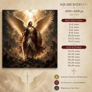 May include: A digital art print featuring a winged warrior in golden armor holding a sword and shield against a dark, cloudy sky. The text lists print sizes from 4x4 inches to 30x30 inches, noting it is an instant digital download for personal use.