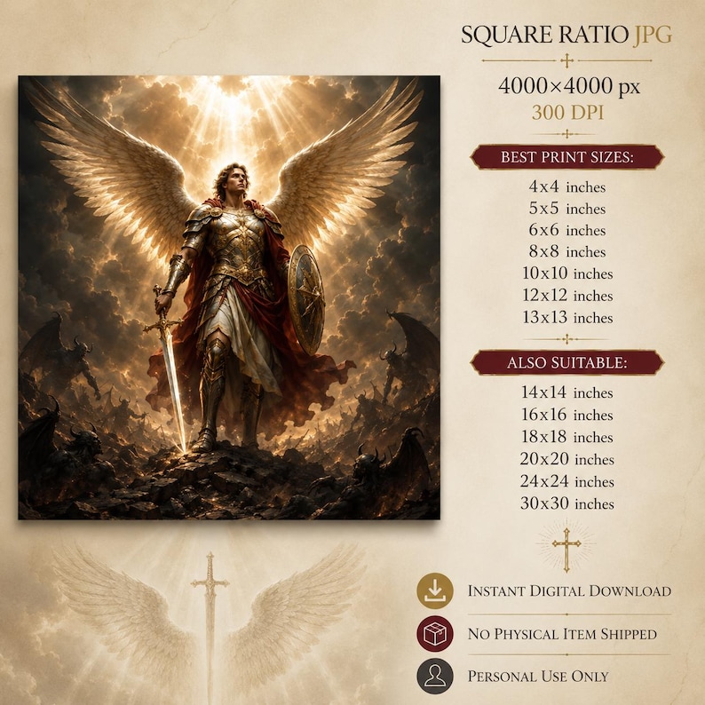 May include: A digital art print featuring a winged warrior in golden armor holding a sword and shield against a dark, cloudy sky. The text lists print sizes from 4x4 inches to 30x30 inches, noting it is an instant digital download for personal use.