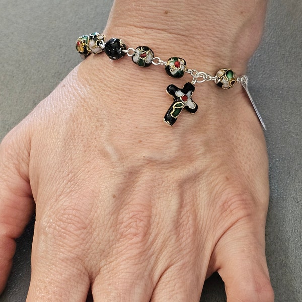 Black cloisonne rosary bracelet With black backdrop glaze