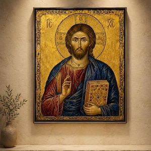 Icono de Cristo Pantocrátor para imprimir, arte mural bizantino de Jesús, arte sacro católico ortodoxo, icono cristiano dorado para descargar digitalmente en formato JPG.
