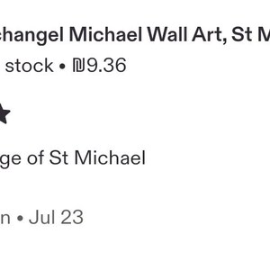 May include: A digital product listing for Archangel Michael wall art featuring a five-star rating and a customer review titled Powerful image of St Michael by John Madigan, displayed alongside a thumbnail of the artwork above a sofa.