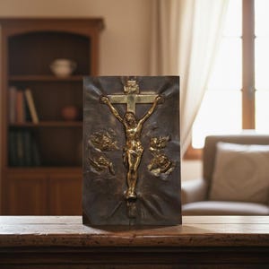 Vintage Brass Crucifix Wall Plaque: Hand-Embossed Christian Home Decor