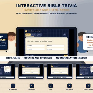 May include: An advertisement for "Interactive Bible Trivia: Family Game Night HTML Edition." The image shows a tablet displaying the game interface, with options for start screen, live gameplay, timer, and family modes. The game features 340 Bible questions and requires no PowerPoint or installation.